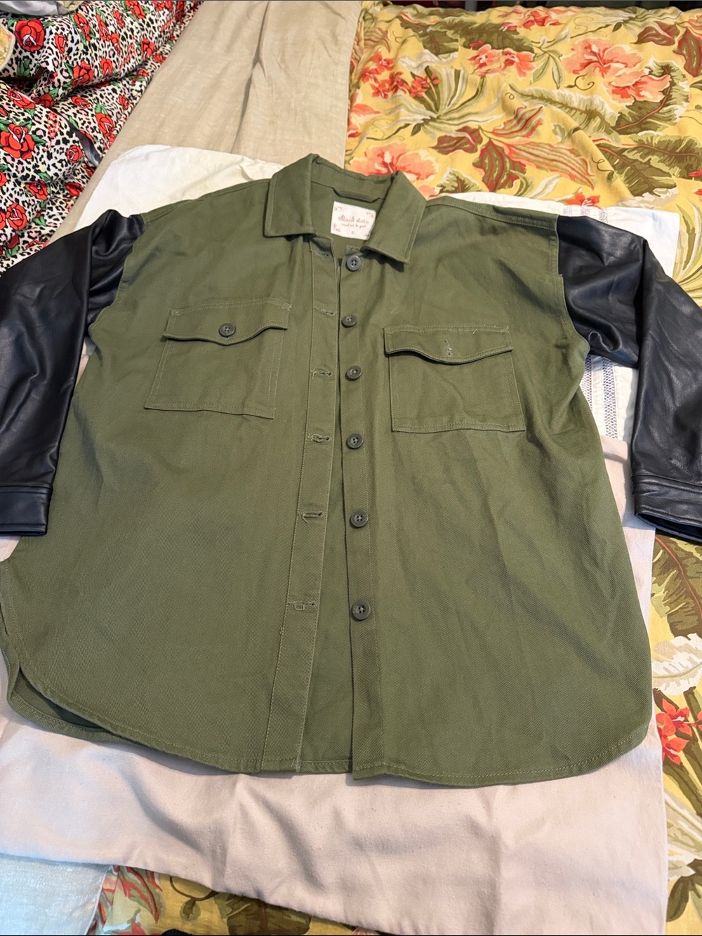 Altar'd State Olive Green Button-Down Shirt with Black Leather Sleeves
